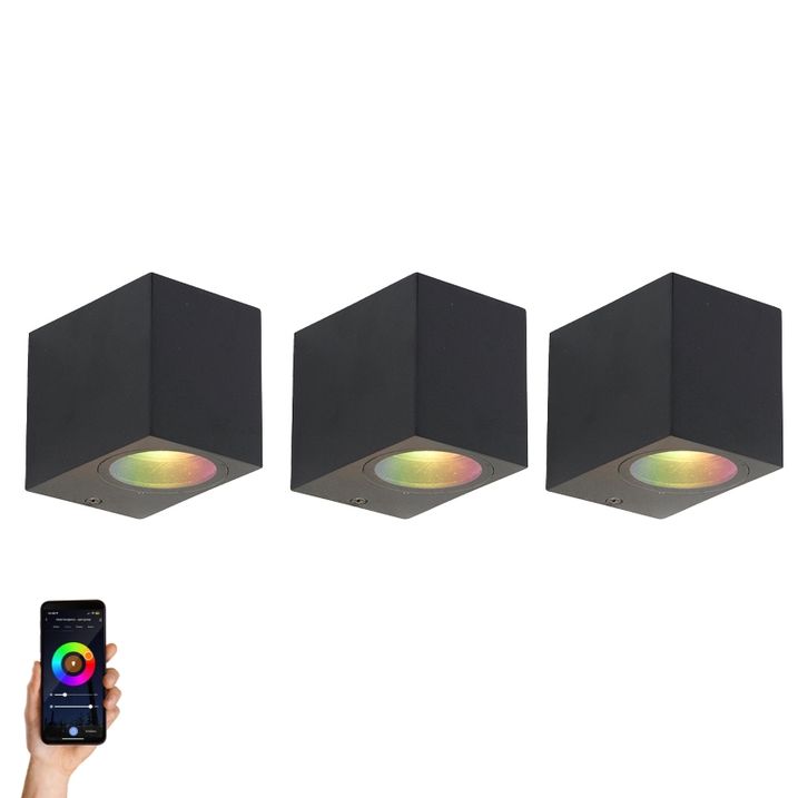 qazqa Set van 3 smart wandlampen zwart GU10 50mm IP44 - Baleno