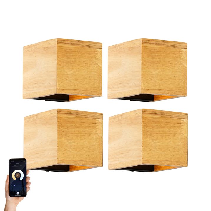 qazqa Set van 4 smart wandlamp eiken hout incl. Wifi G9 - Transfer qazqa Set van 4 smart wandlamp eiken hout incl. Wifi G9 - Transfer