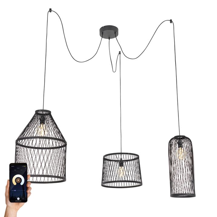 qazqa Smart buiten hanglamp zwart rotan 3-lichts incl. 3 Wifi G95 - Calamus