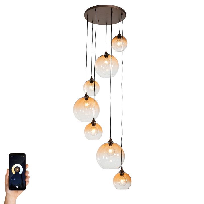 qazqa Smart hanglamp donkerbrons met amber glas 7-lichts incl. 7 Wifi A60 - Sandra