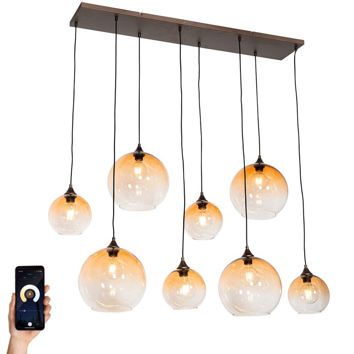 qazqa Smart hanglamp donkerbrons met amber glas 8-lichts incl. 8 Wifi G95 - Sandra