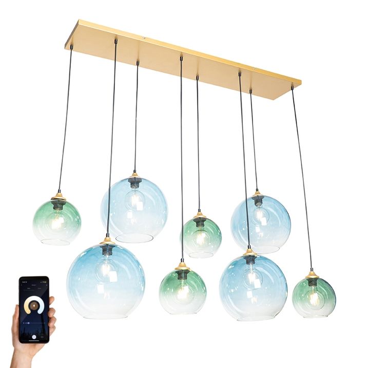 qazqa Smart Hanglamp messing met blauw en groen glas 8-lichts incl. 8 Wifi G95 - Sandra