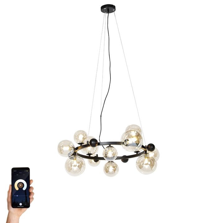 qazqa Smart hanglamp zwart met amber glas 12-lichts incl. 12 Wifi G9 - David