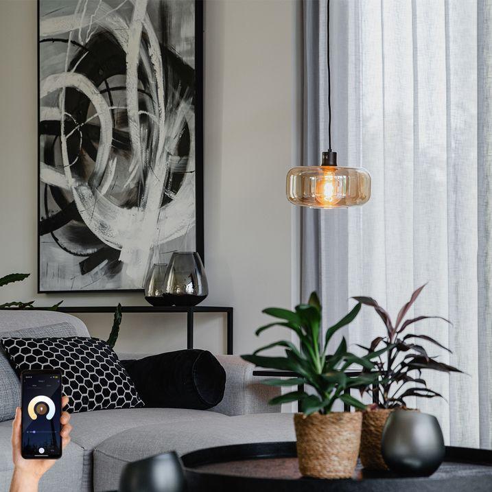qazqa Smart hanglamp zwart met amber glas incl. Wifi A60 - Bizle