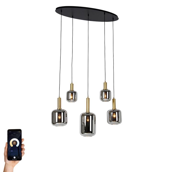 qazqa Smart hanglamp zwart met goud en smoke glas ovaal 5-lichts incl. 5 Wifi G95 - Zuzanna