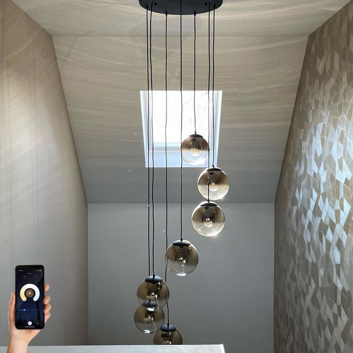 qazqa Smart hanglamp zwart met goud glas 7-lichts incl. 7 Wifi A60- pallon