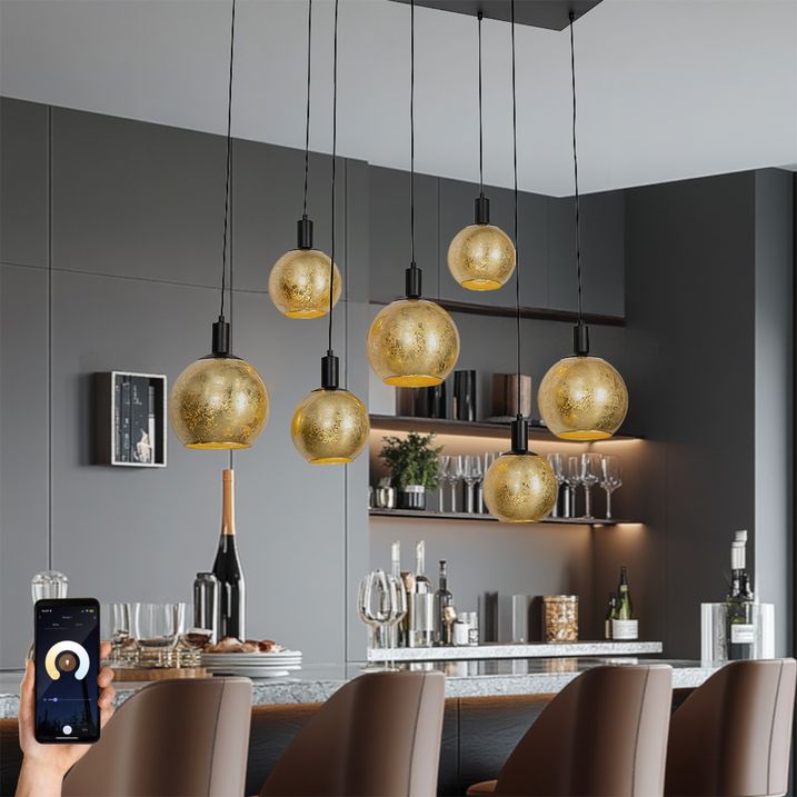 qazqa Smart hanglamp zwart met goud glas 7-lichts incl. 7 Wifi A60 - Bert