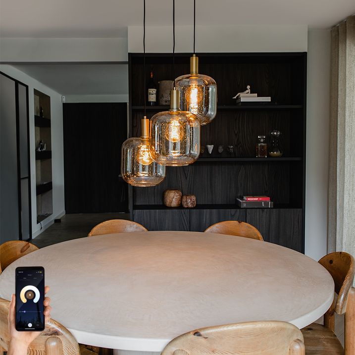 qazqa Smart hanglamp zwart met messing en amber glas 3-lichts incl. 3 Wifi G95 - Zuzanna