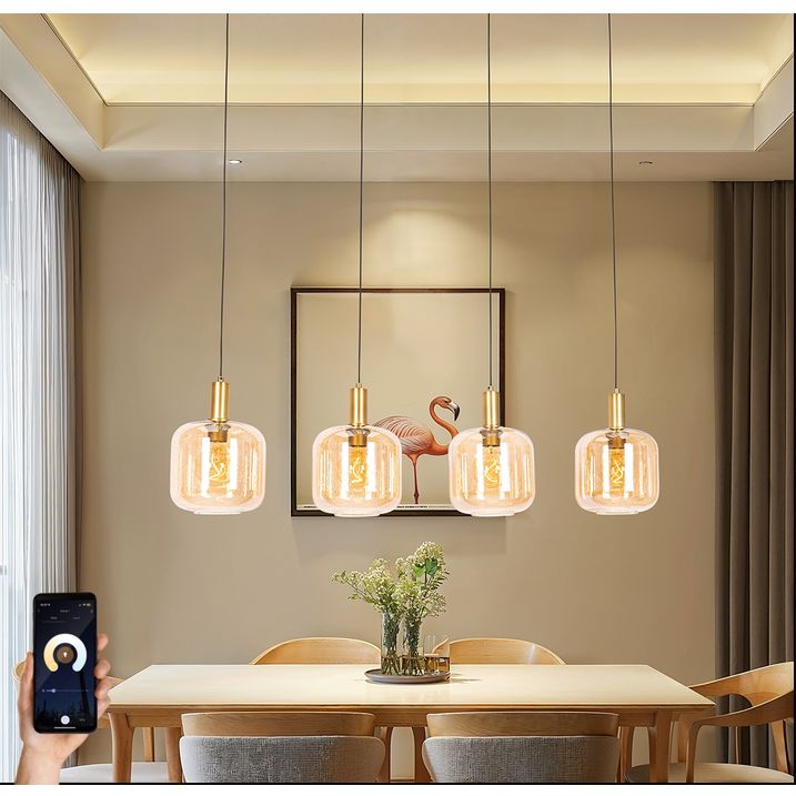 qazqa Smart hanglamp zwart met messing en amber glas 4-lichts incl. 4 Wifi G95 - Zuzanna