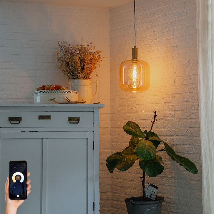 qazqa Smart hanglamp zwart met messing en amber glas incl. Wifi G995 - Zuzanna