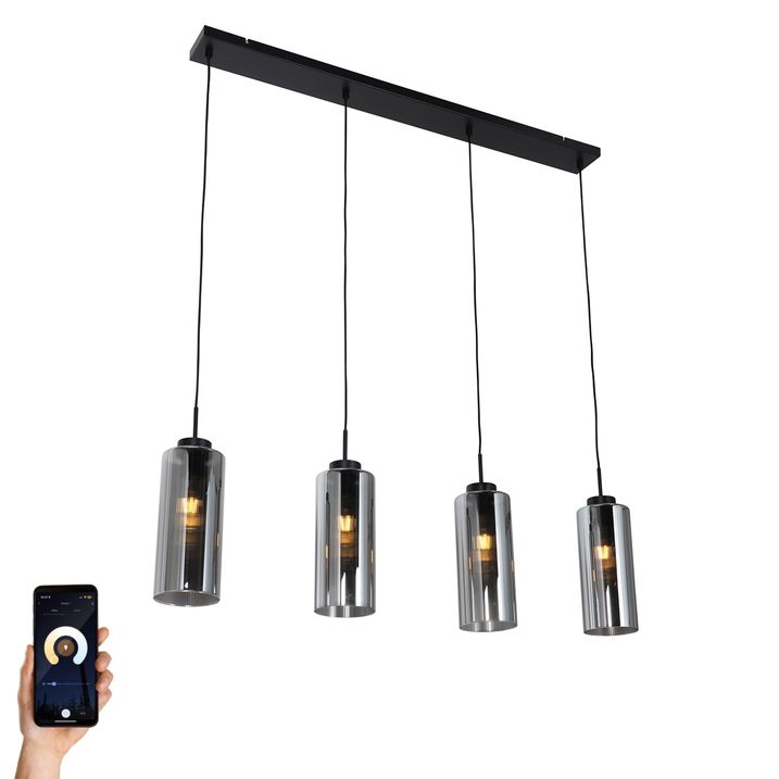 qazqa Smart hanglamp zwart met smoke glas 4-lichts incl. 4 Wifi ST64 - Laura
