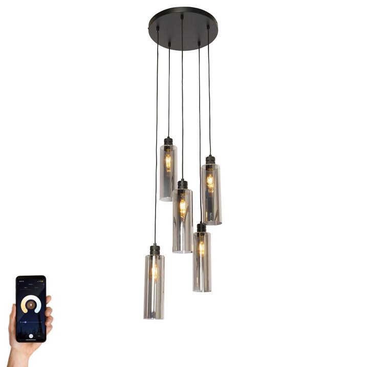 qazqa Smart hanglamp zwart met smoke glas 5-lichts incl. Wifi A60- Stavelot