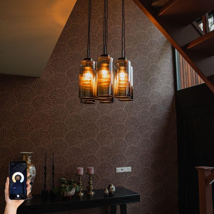 qazqa Smart hanglamp zwart met smoke glas 7-lichts incl. 7 Wifi ST64 - Laura