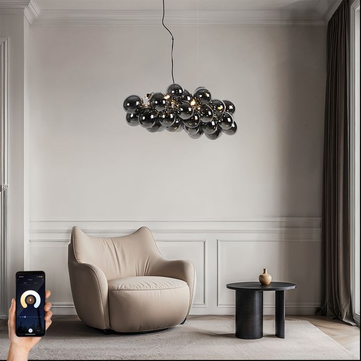 qazqa Smart hanglamp zwart met smoke glas 8-lichts incl. 8 Wifi G9 - Uvas
