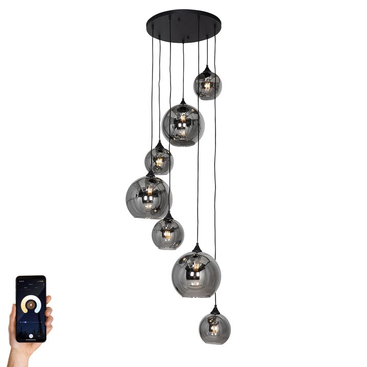 qazqa Smart Hanglamp zwart met smoke glas rond 7-lichts incl. 7 Wifi A60 - Sandra