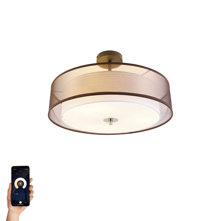 qazqa Smart plafondlamp bruin met wit 50 cm 3-lichts incl. 3 Wifi A60 - Drum Duo