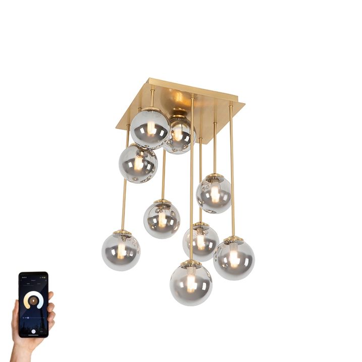 qazqa Smart plafondlamp goud 9-lichts met smoke glas incl. 9 Wifi G9 - Athens