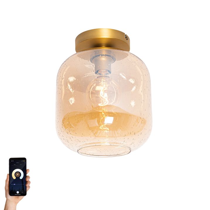 qazqa Smart plafondlamp messing en amber glas incl. Wifi G95 - Zuzanna