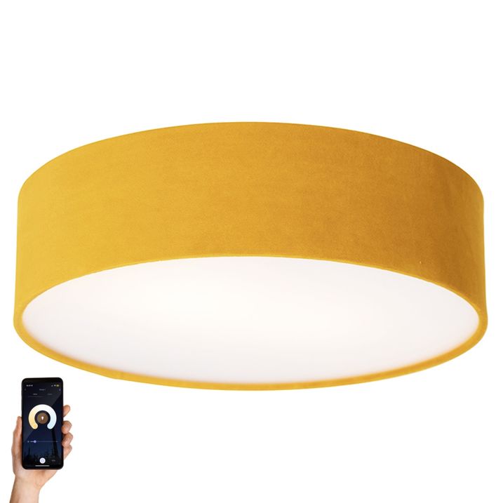 qazqa Smart plafondlamp oker 40 cm met gouden binnenkant incl. Wifi A60- Drum