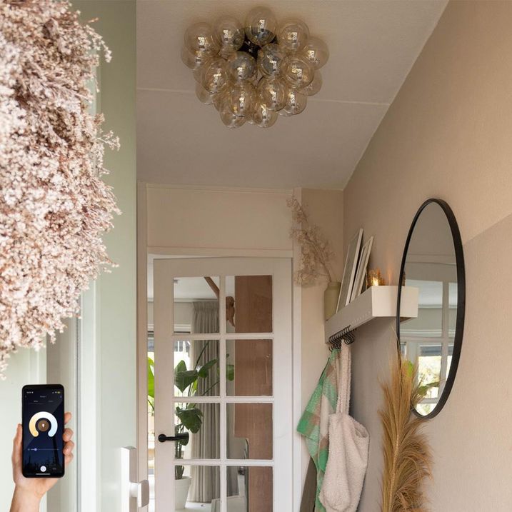 qazqa Smart plafondlamp zwart met amber glas 6-lichts incl. 6 Wifi G9 - Uvas