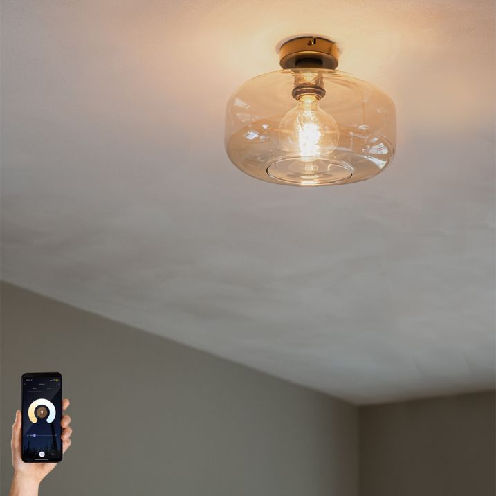 qazqa Smart plafondlamp zwart met amber glas incl. Wifi A60 - Bizle qazqa Smart plafondlamp zwart met amber glas incl. Wifi A60 - Bizle