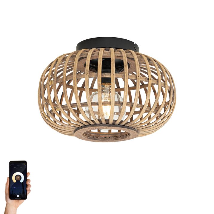 qazqa Smart plafondlamp zwart met bamboe incl. Wifi G95 - Amira