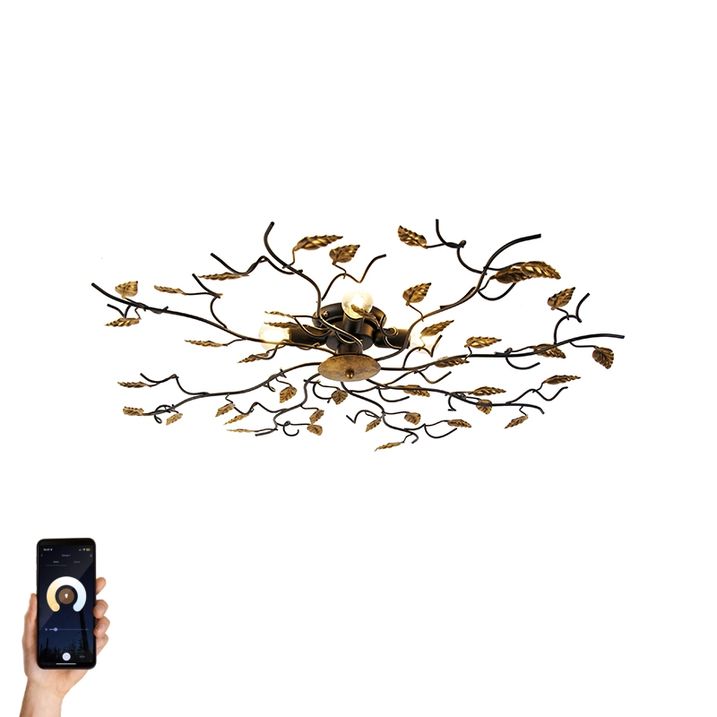 qazqa Smart plafondlamp zwart met goud 80 cm 4-lichts incl. 4 Wifi P45 - Foglie