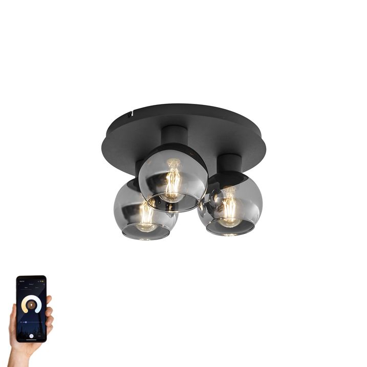 qazqa Smart plafondlamp zwart met smoke glas 3-lichts incl. Wifi A60 - Vidro
