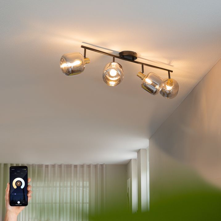 qazqa Smart Plafondspot zwart met goud met smoke glas 4-lichts incl. 4 Wifi P45 - Zuzanna