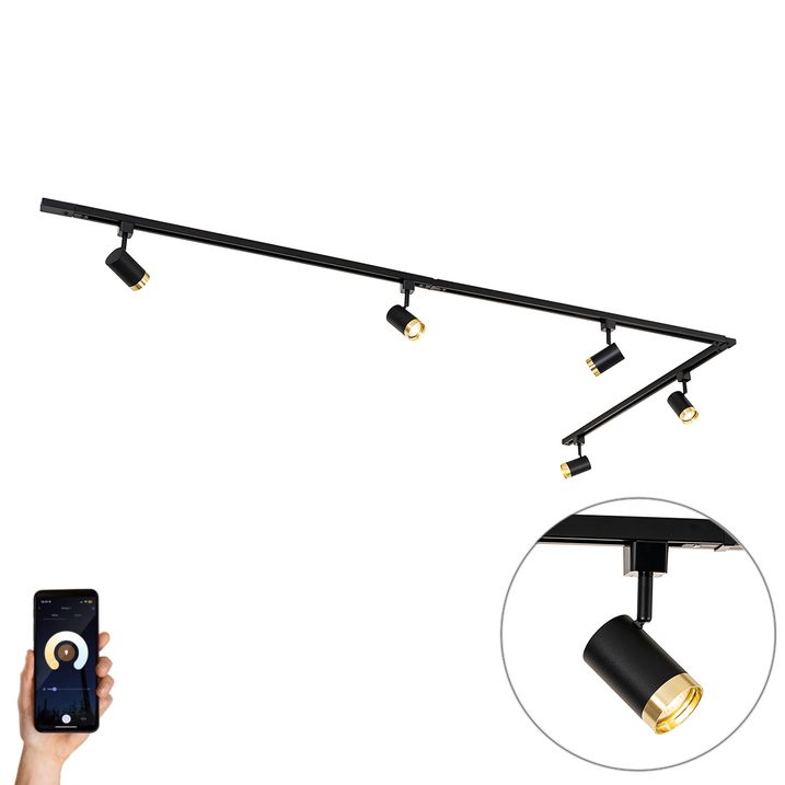 qazqa Smart railsysteem met 5 spots zwart goud 1-fase incl. 5 Wifi GU10 50mm - Iconic Jeana