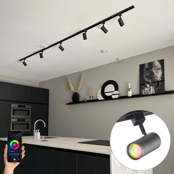 qazqa Smart railsysteem met 6 spots zwart 1-fase 300cm - Iconic Jeana qazqa Smart railsysteem met 6 spots zwart 1-fase 300cm - Iconic Jeana