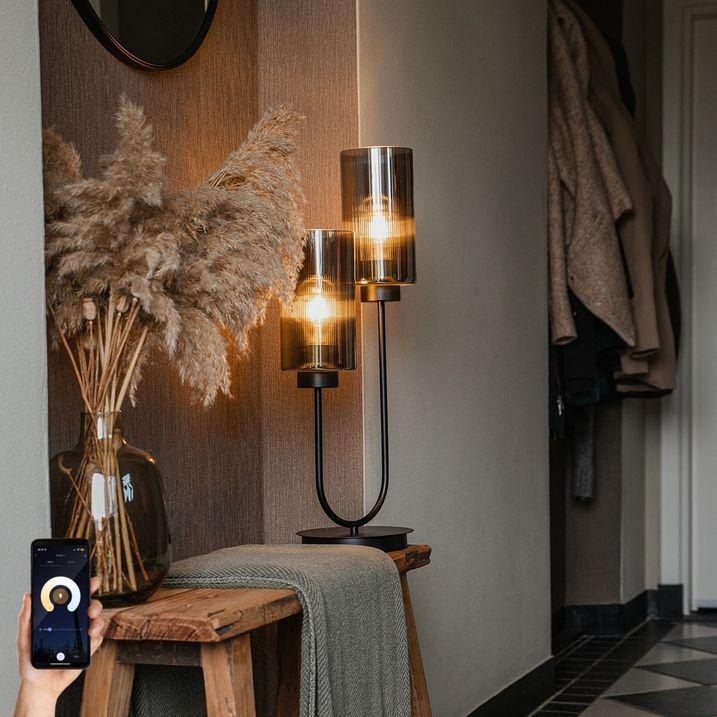 qazqa Smart tafellamp zwart met smoke glas 2-lichts incl. 2 Wifi ST64 - Laura