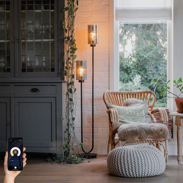 qazqa Smart vloerlamp zwart met smoke glas 2-lichts incl. 2 Wifi ST64 - Laura