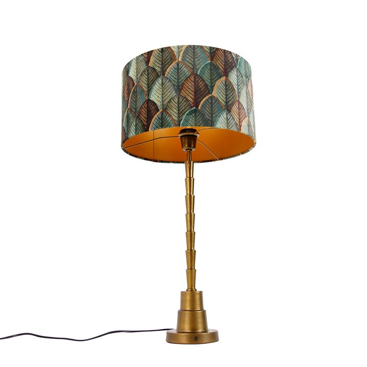 Qazqa Tafellamp Brons Met Velours Lampenkap Blad Dessin Met Gouden Binnenkant - Pisos