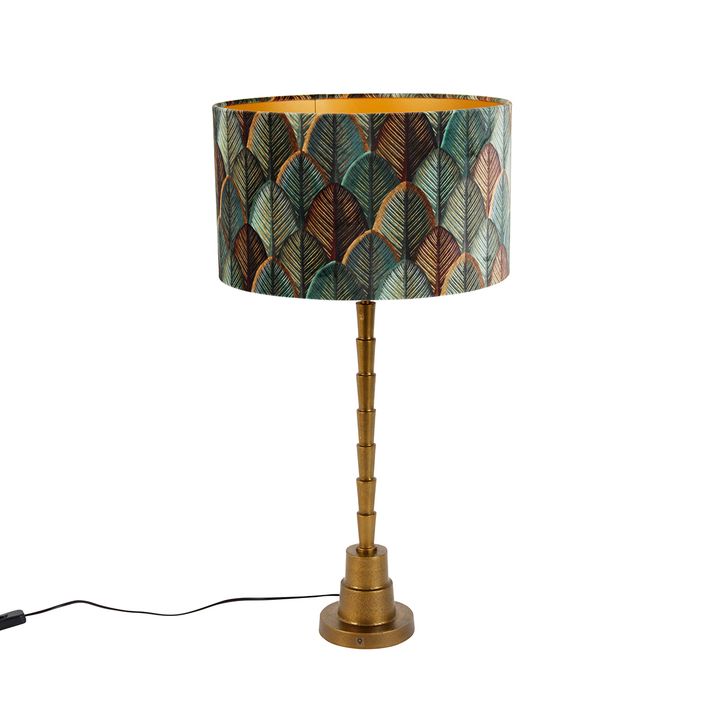 qazqa Tafellamp brons met velours lampenkap blad dessin met gouden binnenkant - Pisos