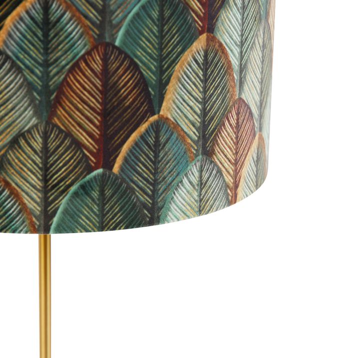 Qazqa Tafellamp Messing Met Velours Lampenkap Blad Dessin Met Gouden Binnenkant - Kaso