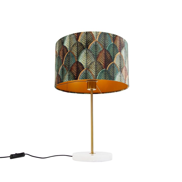 Qazqa Tafellamp Messing Met Velours Lampenkap Blad Dessin Met Gouden Binnenkant - Kaso