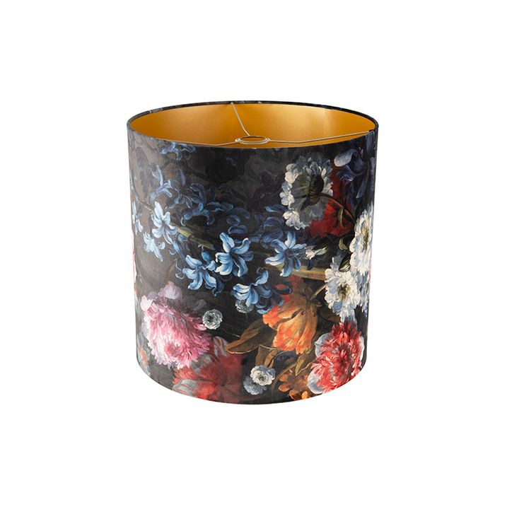 Qazqa Velours Lampenkap Bloemen Dessin 40/40/40 Gouden Binnenkant