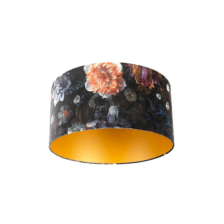 qazqa Velours lampenkap bloemen dessin 50/50/25 gouden binnenkant