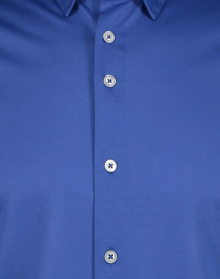 R2 Amsterdam Blauw Gebreid Piqué Overhemd Met Korte Mouwen