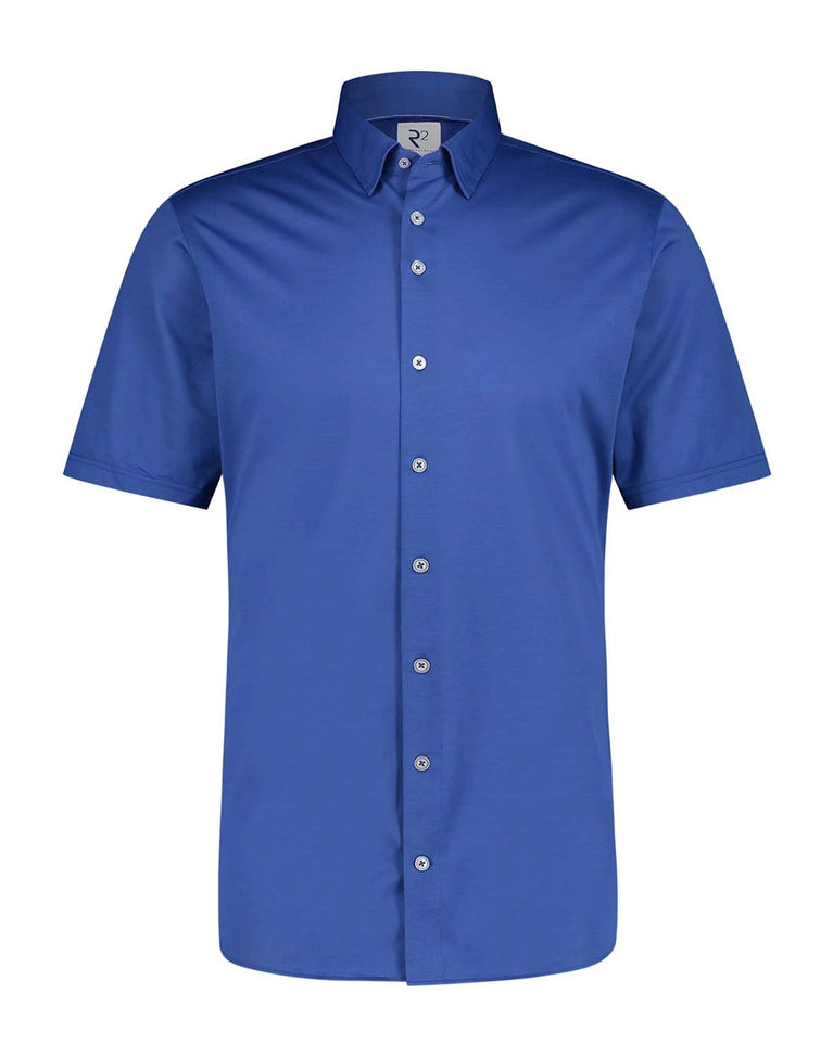 r2 amsterdam Blauw gebreid piqué overhemd met korte mouwen