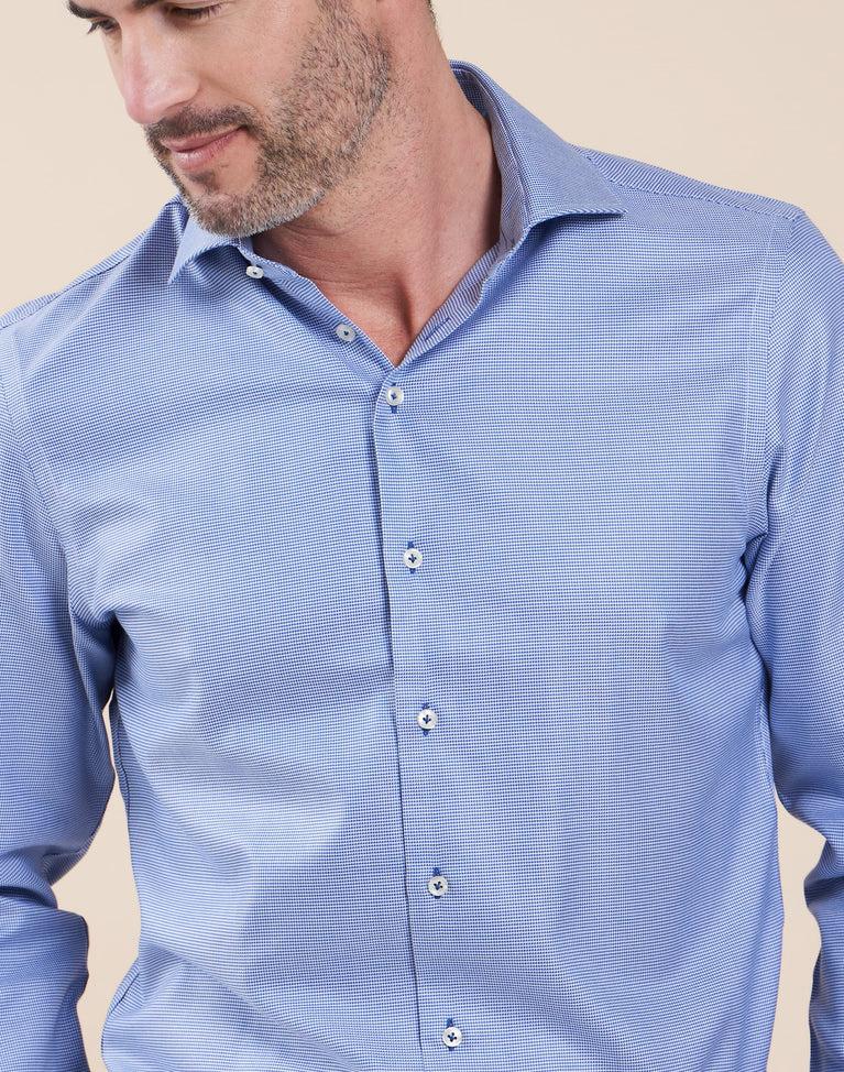 R2 Amsterdam Blauw Strijkvrij Overhemd Van Pied De Poule Katoen