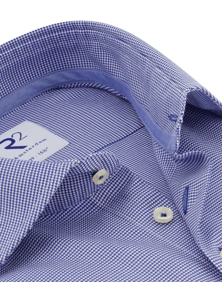 R2 Amsterdam Blauw Strijkvrij Overhemd Van Pied De Poule Katoen