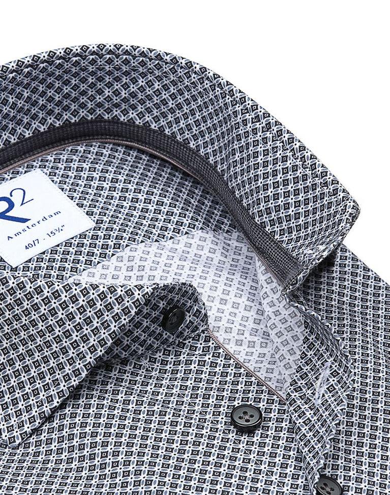 R2 Amsterdam Extra Lange Mouwen. Antraciet Fantasieprint Katoenen Overhemd