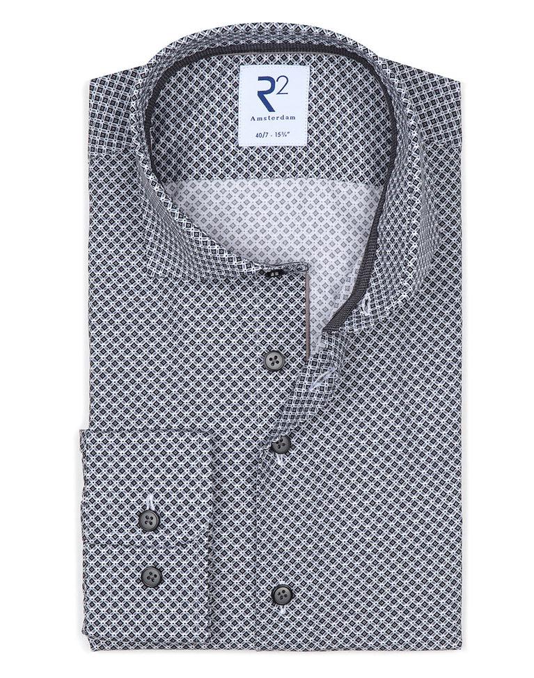 R2 Amsterdam Extra Lange Mouwen. Antraciet Fantasieprint Katoenen Overhemd