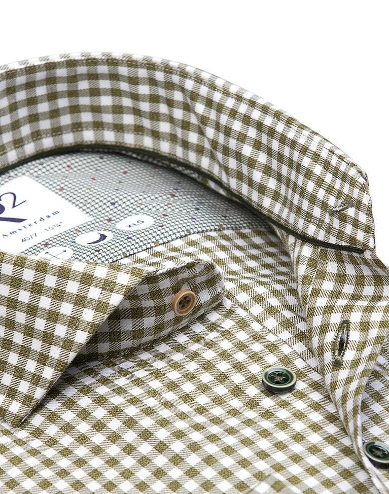 R2 Amsterdam Extra Lange Mouwen. Beige Vichyruitjes Katoen Overhemd