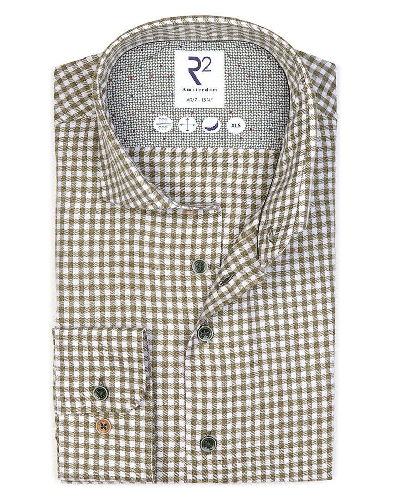 R2 Amsterdam Extra Lange Mouwen. Beige Vichyruitjes Katoen Overhemd