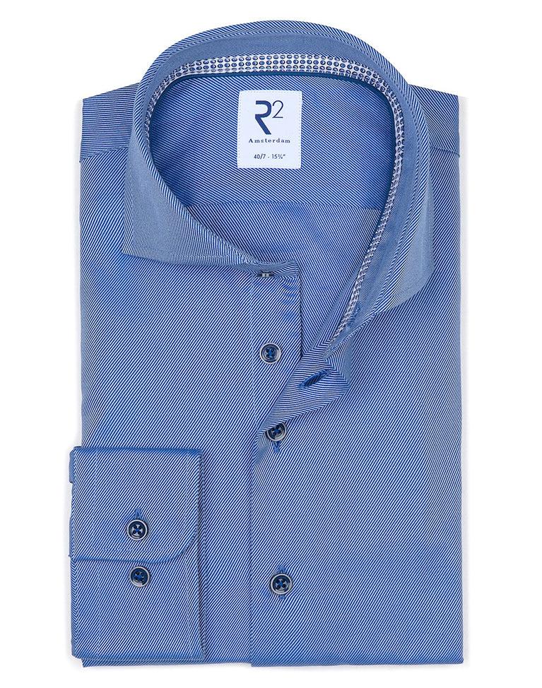 r2 amsterdam Extra lange mouwen. Blauw heavy twill 2 PLY katoenen overhemd