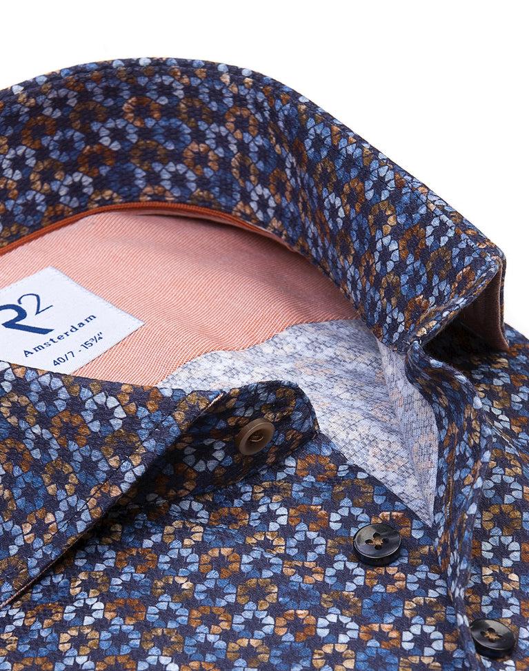 R2 Amsterdam Extra Lange Mouwen. Blauw Lampenprint Katoenen Overhemd