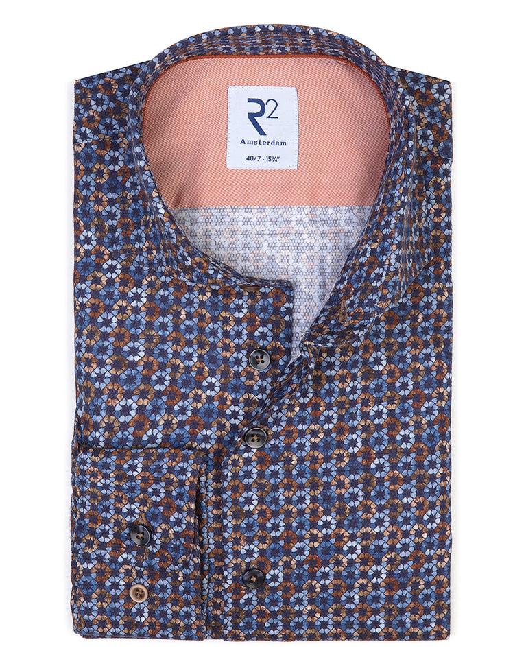 r2 amsterdam Extra lange mouwen. Blauw lampenprint katoenen overhemd